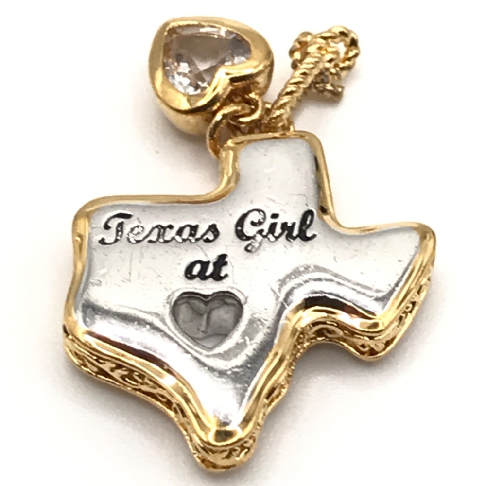 Texas State Pendant Charm Texas Girl At Heart Gold & Silver Plate Crystal